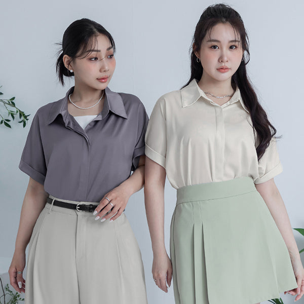 MISS. Minimal Satin Rolled Sleeve Plus Size Shirt
