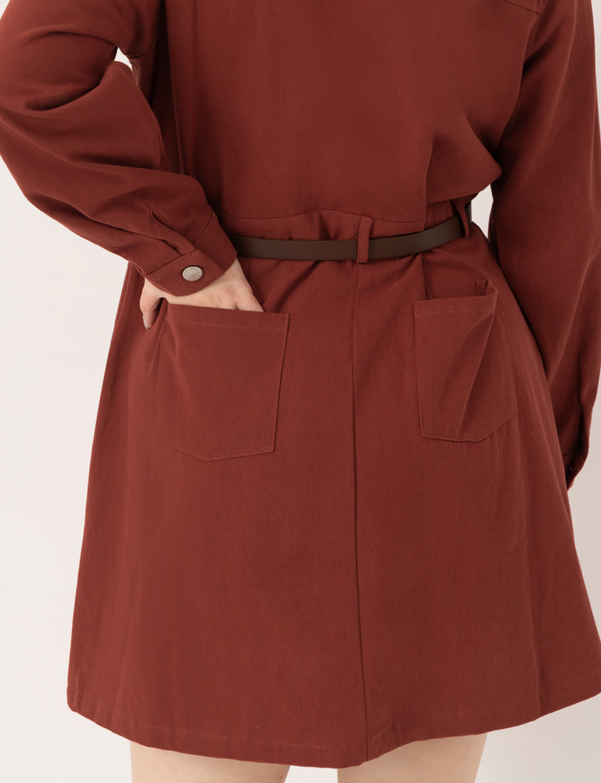 Twill Colorblock Topstitched Button-Up Plus Size Mini Dress (With Belt)