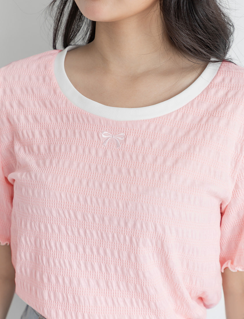 Bow Embroidery Ruffle Crinkle Plus Size Top