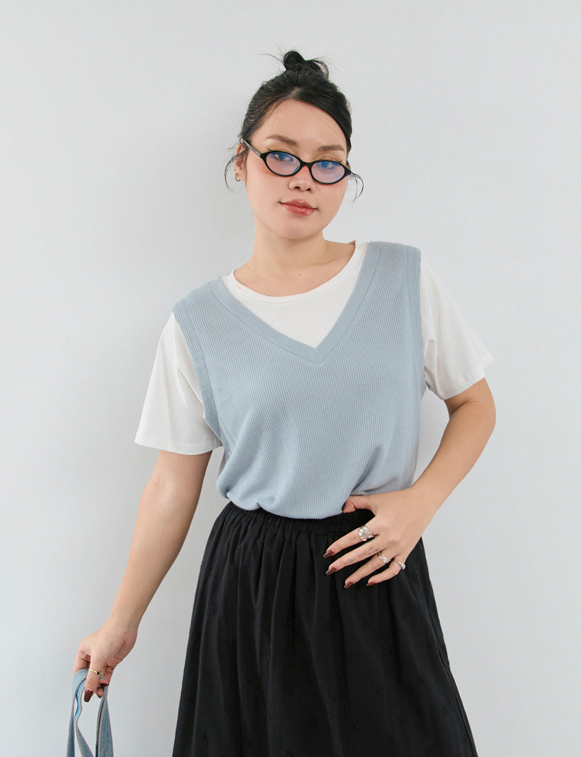 Contrast Waffle Faux Two Piece Plus Size Tee