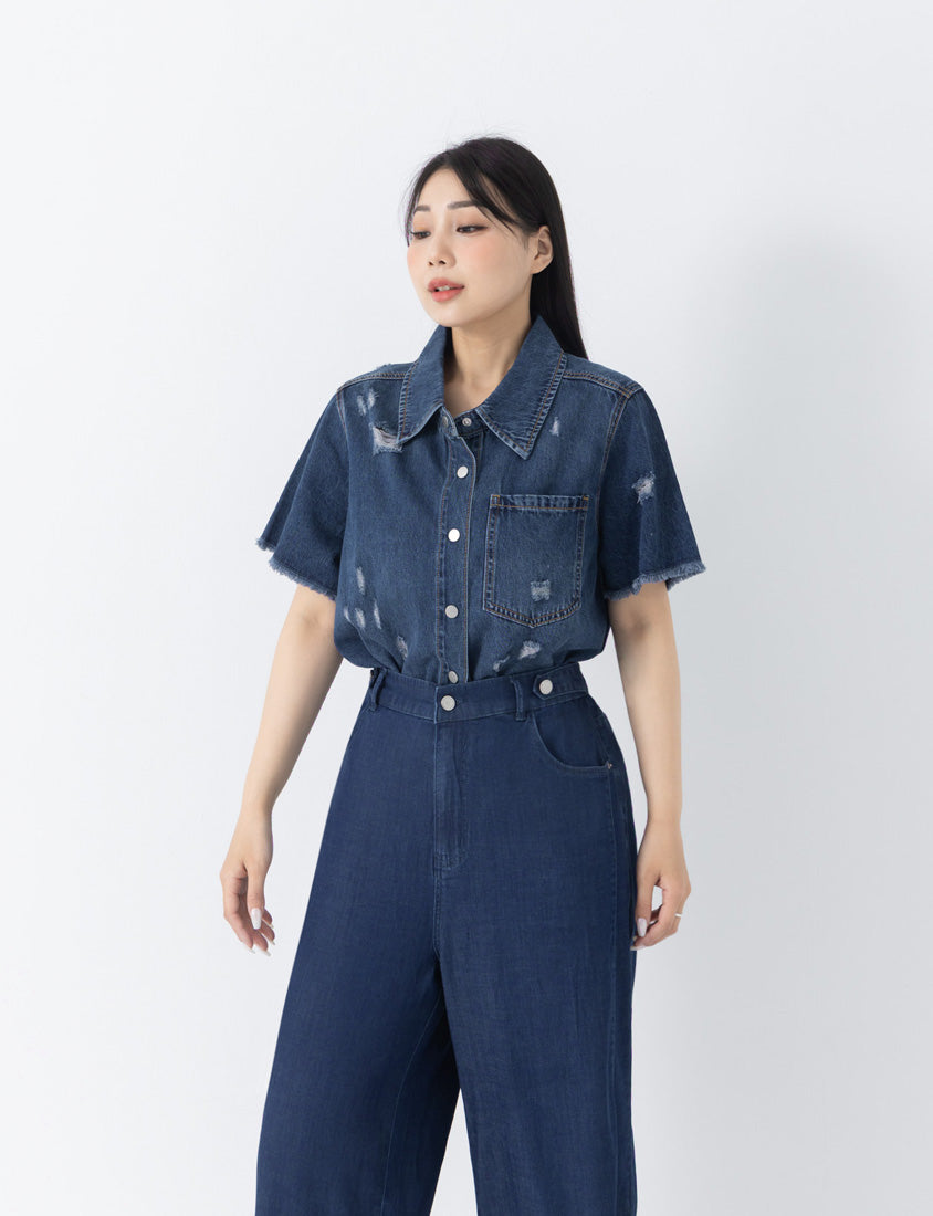 Tencel Silky Denim Distressed Plus Size Shirt Jacket