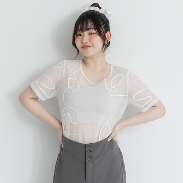 Japanese Style Wavy Line Sheer Textured Plus Size Top