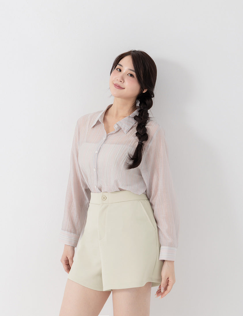 Sheer Color Stripe Long Sleeve Plus Size Shirt