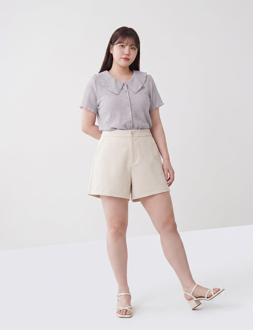 Collared Crinkle Faux Button Short Sleeve Top