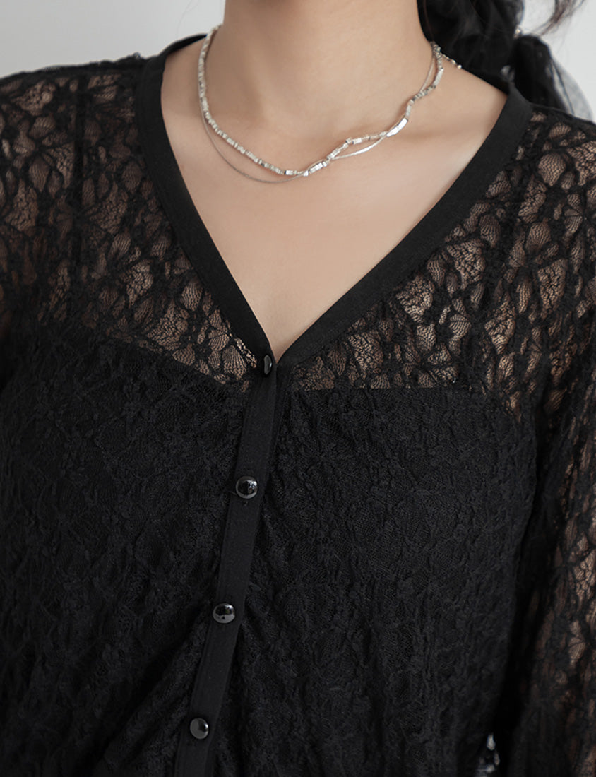 MISS. Fairy Lace Hollow Cut Button-Up Plus Size Cardigan