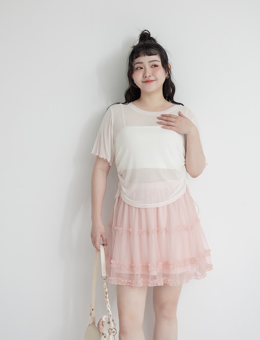 Side Drawstring Sheer Ruffle Sleeve Plus Size Top