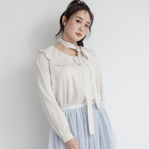 Satin Ruffle Fairy Collar Plus Size Blouse (with Tie)