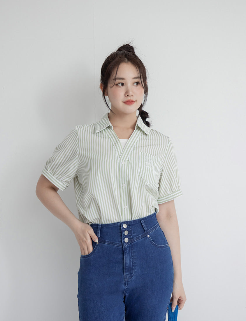 Faux Two Piece Stripe Collar Plus Size Top