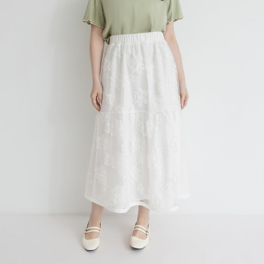3D Floral Tiered Mesh Plus Size Maxi Skirt
