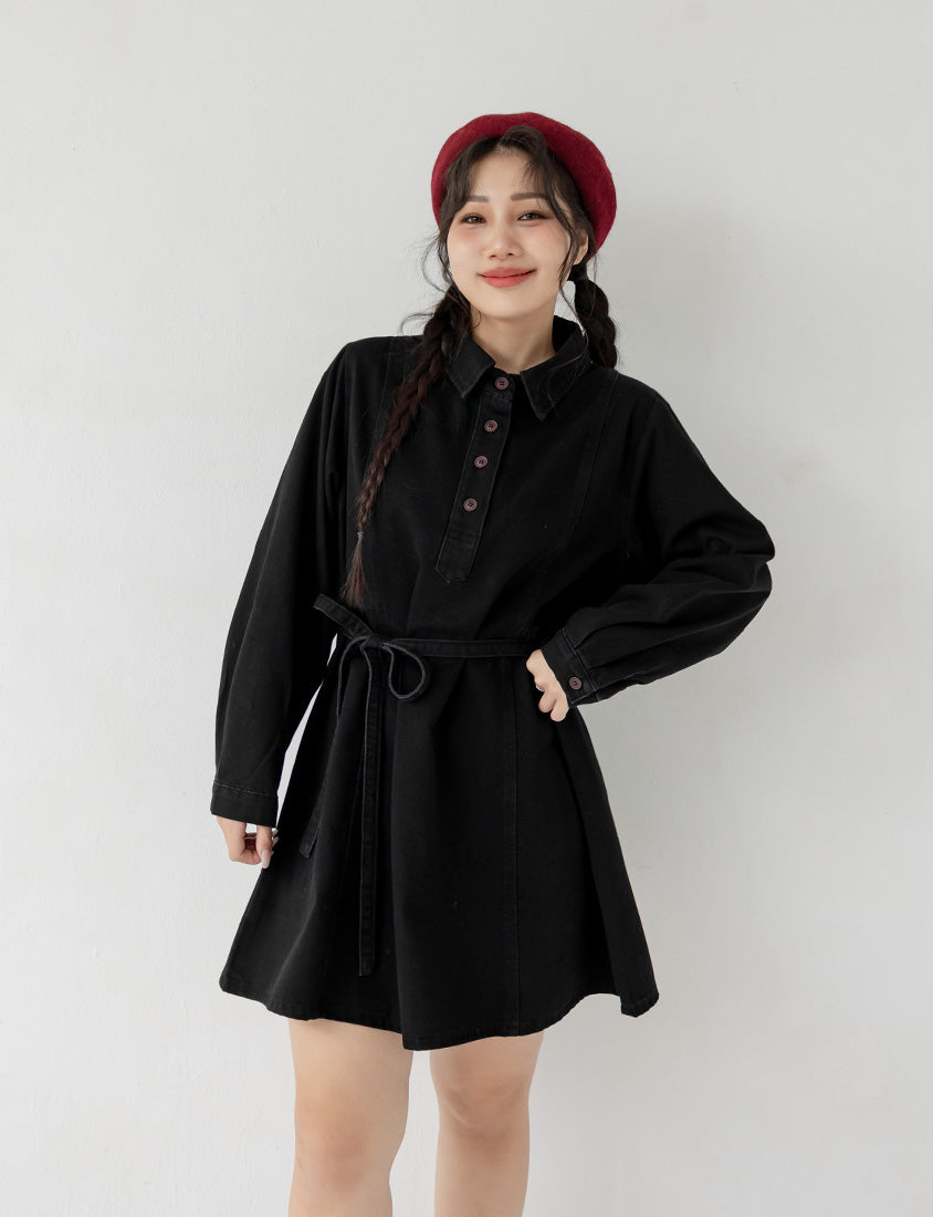 Denim Long Sleeve Tie-Front A-Line Plus Size Mini Dress
