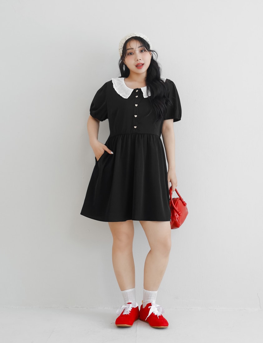Lace Large-Collar Puff Sleeve Plus Size Mini Dress