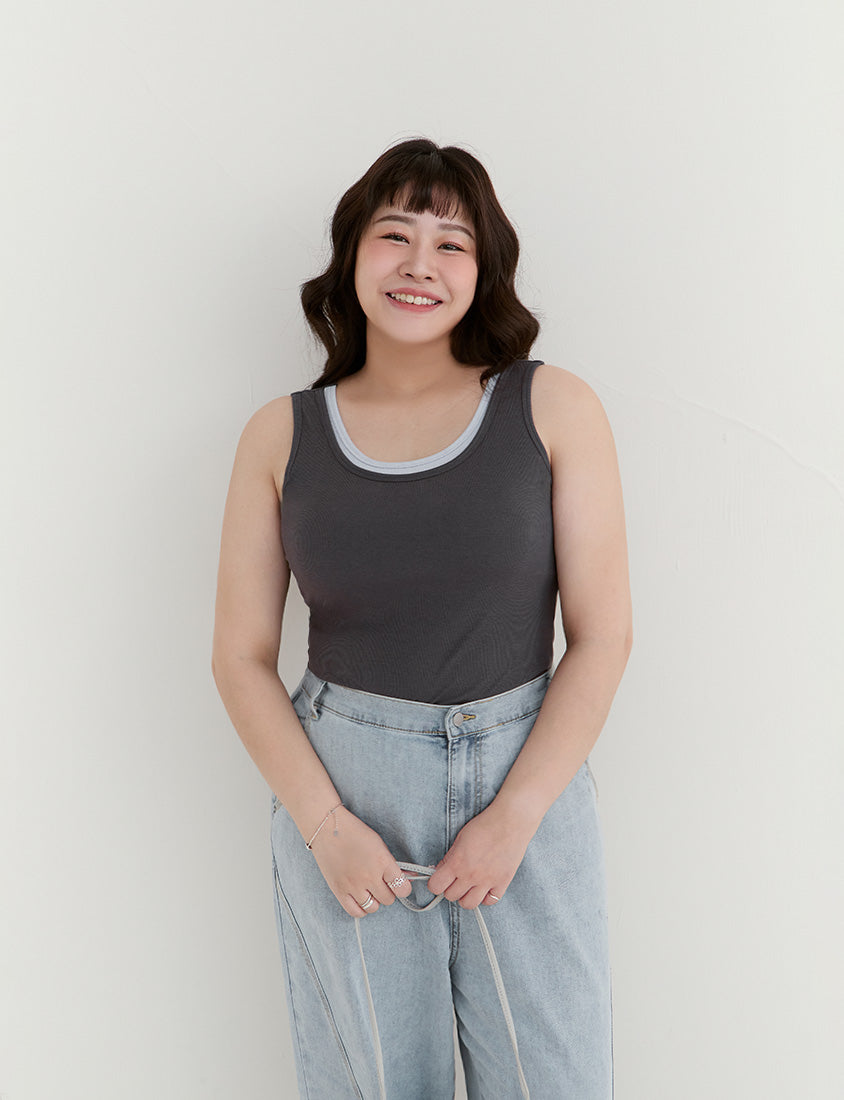 Pobra. Contrast Crew Neck Ribbed Plus Size Bra Tank Top
