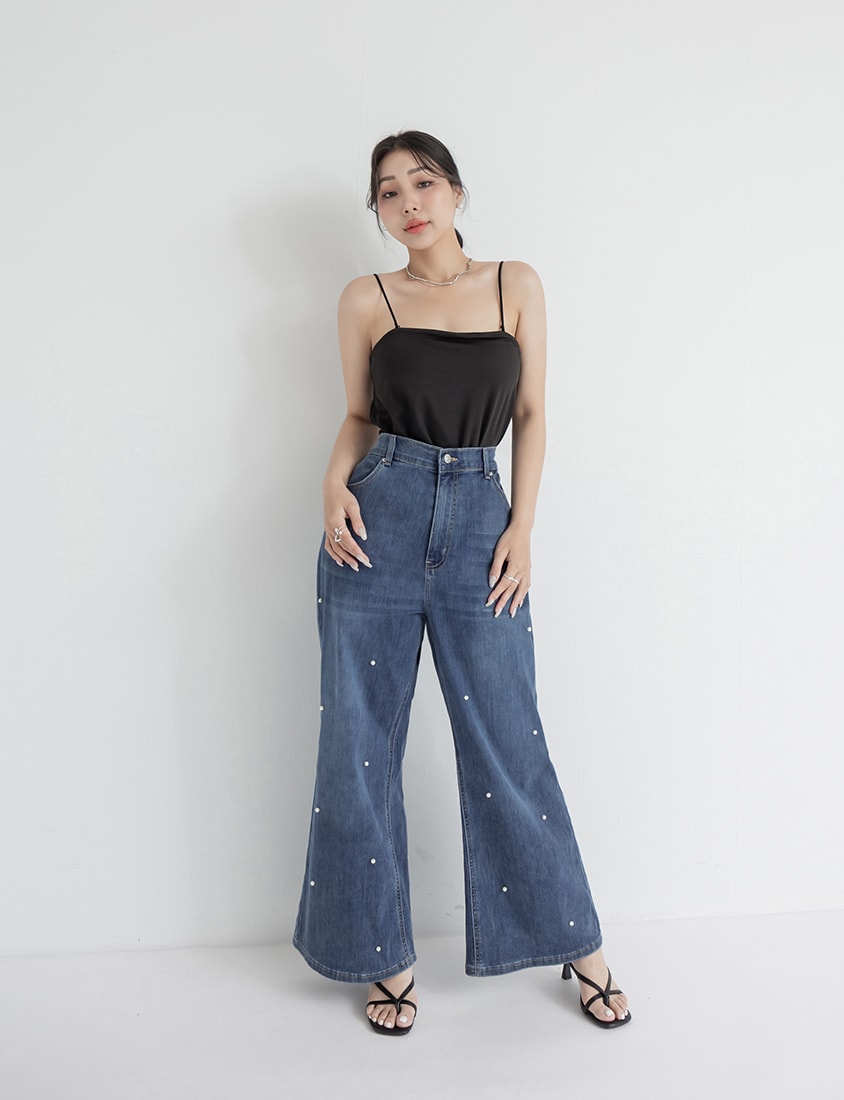 Pearl Embellished Stretch Denim Plus Size Wide Leg Pants