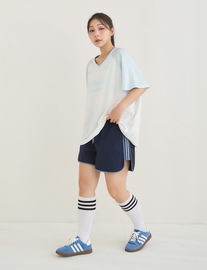 American Style Contrast V-Neck Oversized Jersey Plus Size Tee