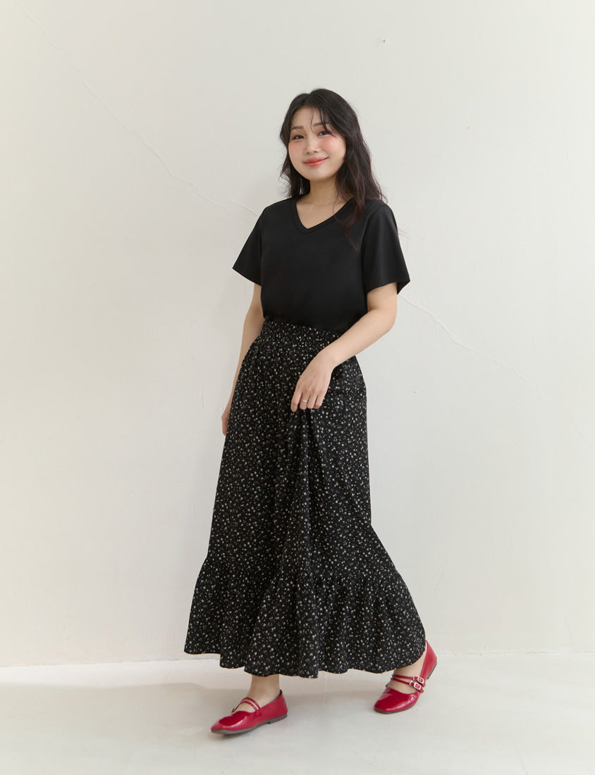 Soft Floral Full Elastic Waist Plus Size Tiered Maxi Skirt