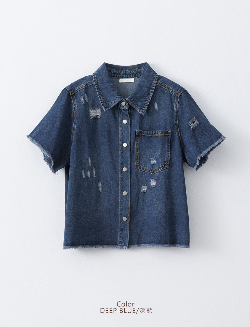 Tencel Silky Denim Distressed Plus Size Shirt Jacket