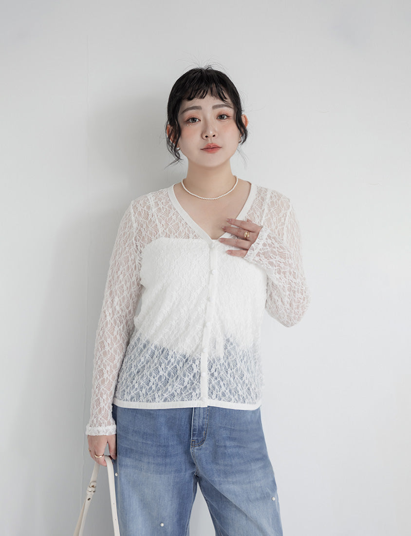 MISS. Fairy Lace Hollow Cut Button-Up Plus Size Cardigan