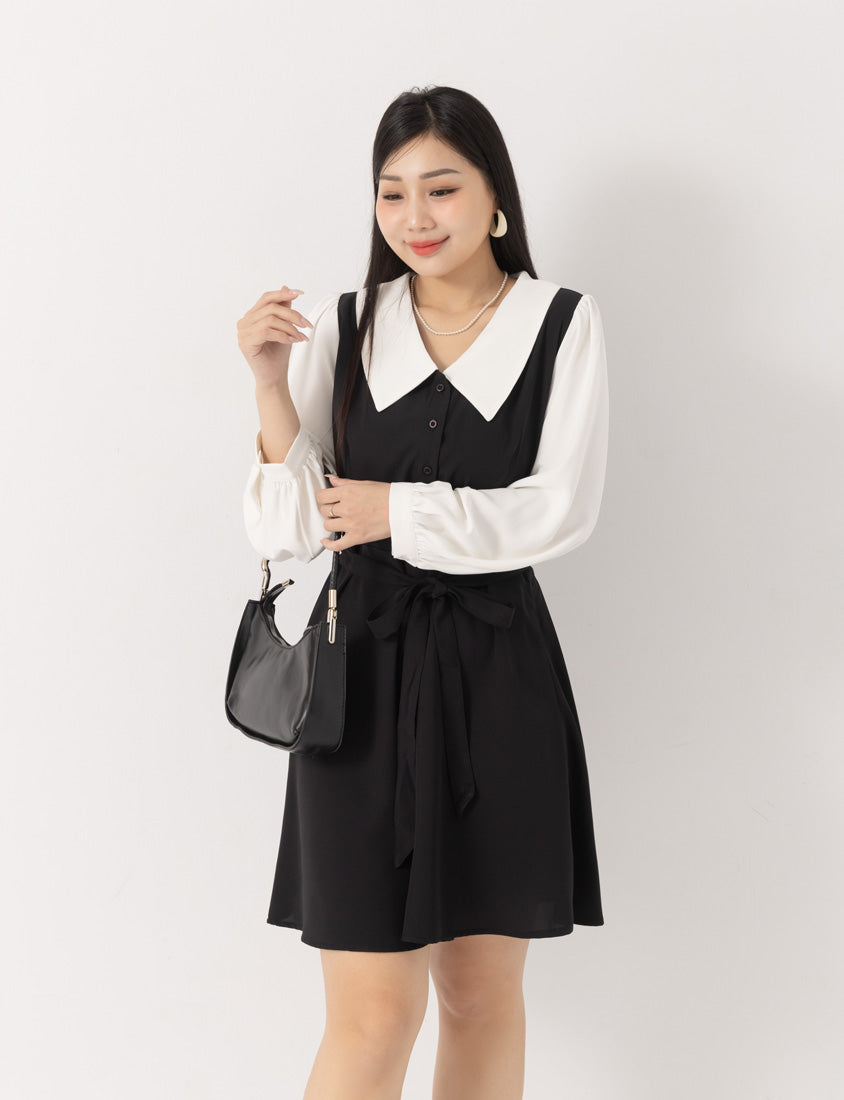 MISS. Faux Two Piece Chiffon Plus Size Long Sleeve Dress (With Waist Tie)