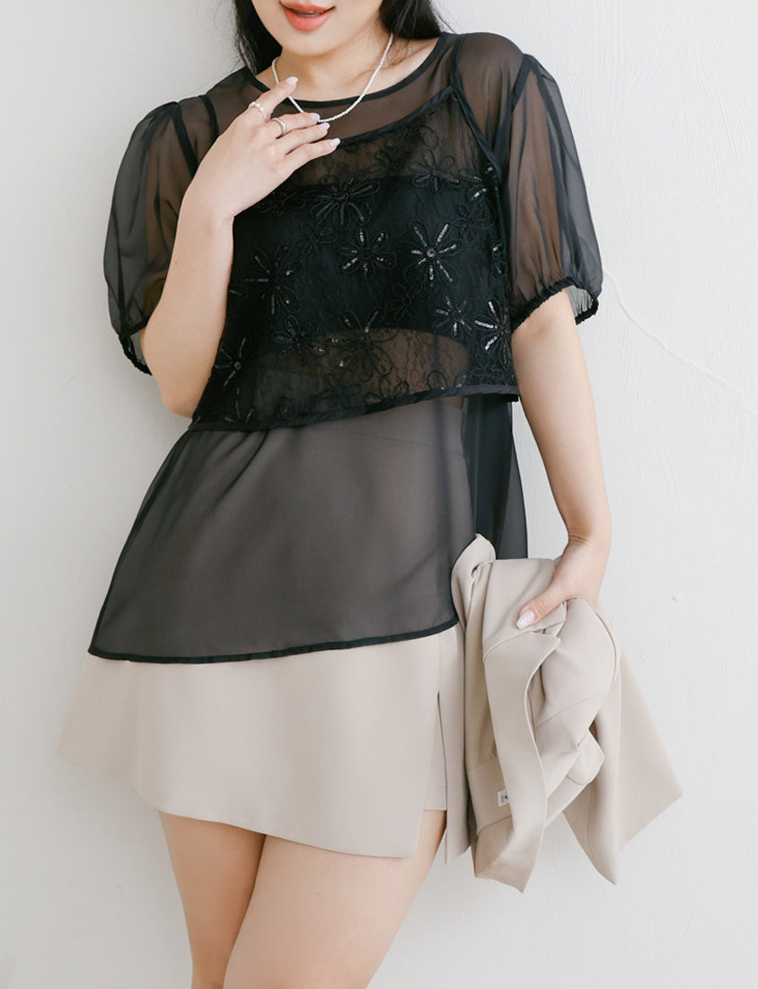 MISS. Sheer Lace Floral Plus Size Strap Cami
