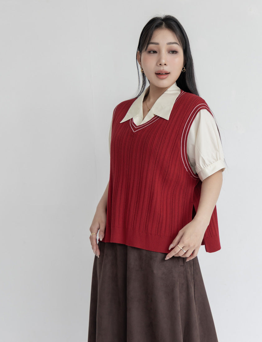 MISS. Korean Style Contrast V-Neck Plus Size Knit Vest