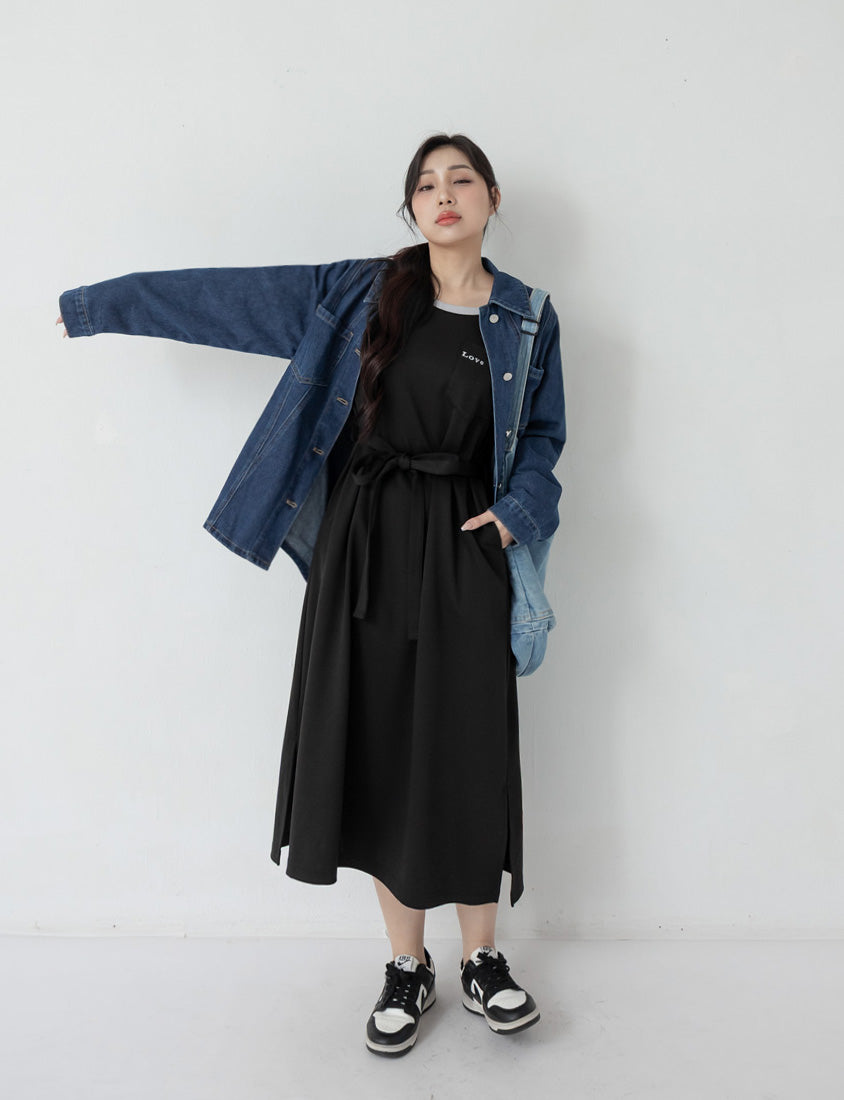 Cute Round Neck Colorblock Embroidered Plus Size Maxi Dress (With Tie)