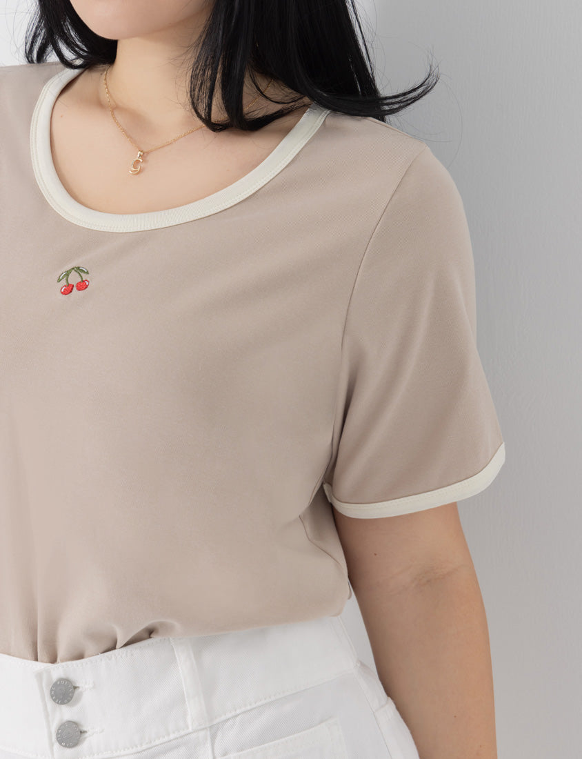 Contrast Cherry Embroidery Crewneck Plus Size Tee