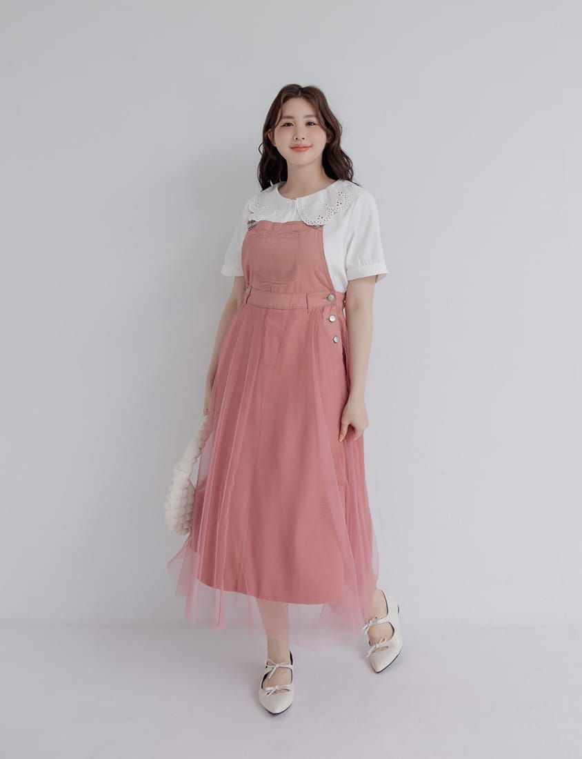 Sweet Adjustable Twill Strap Tulle Panel Plus Size Dress