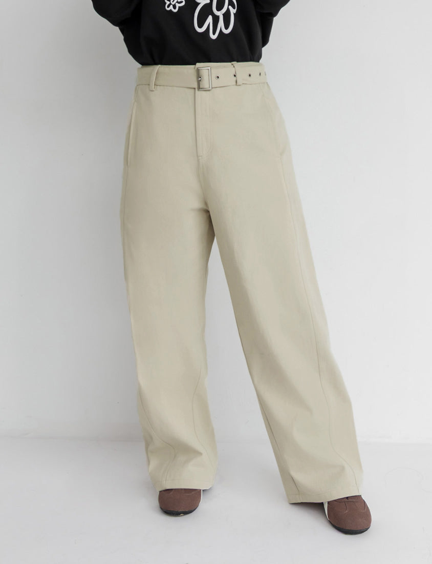 Versatile Twill Back Elastic Plus Size Straight Leg Pants (With Belt)