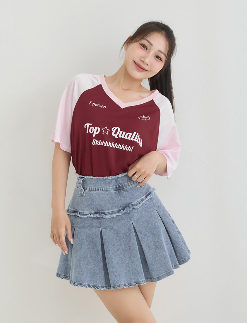 American Style Contrast V-Neck Oversized Jersey Plus Size Tee