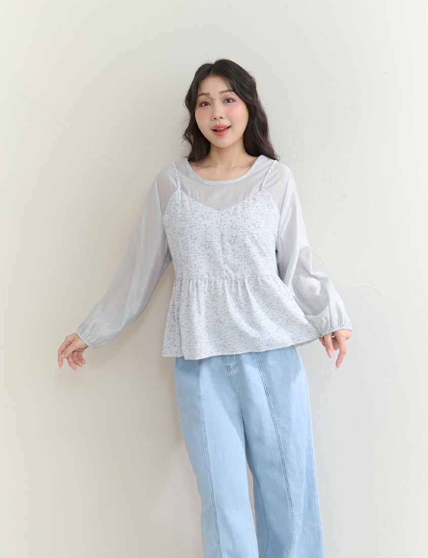 Floral Faux Two Piece Sheer Plus Size Long Sleeve Top