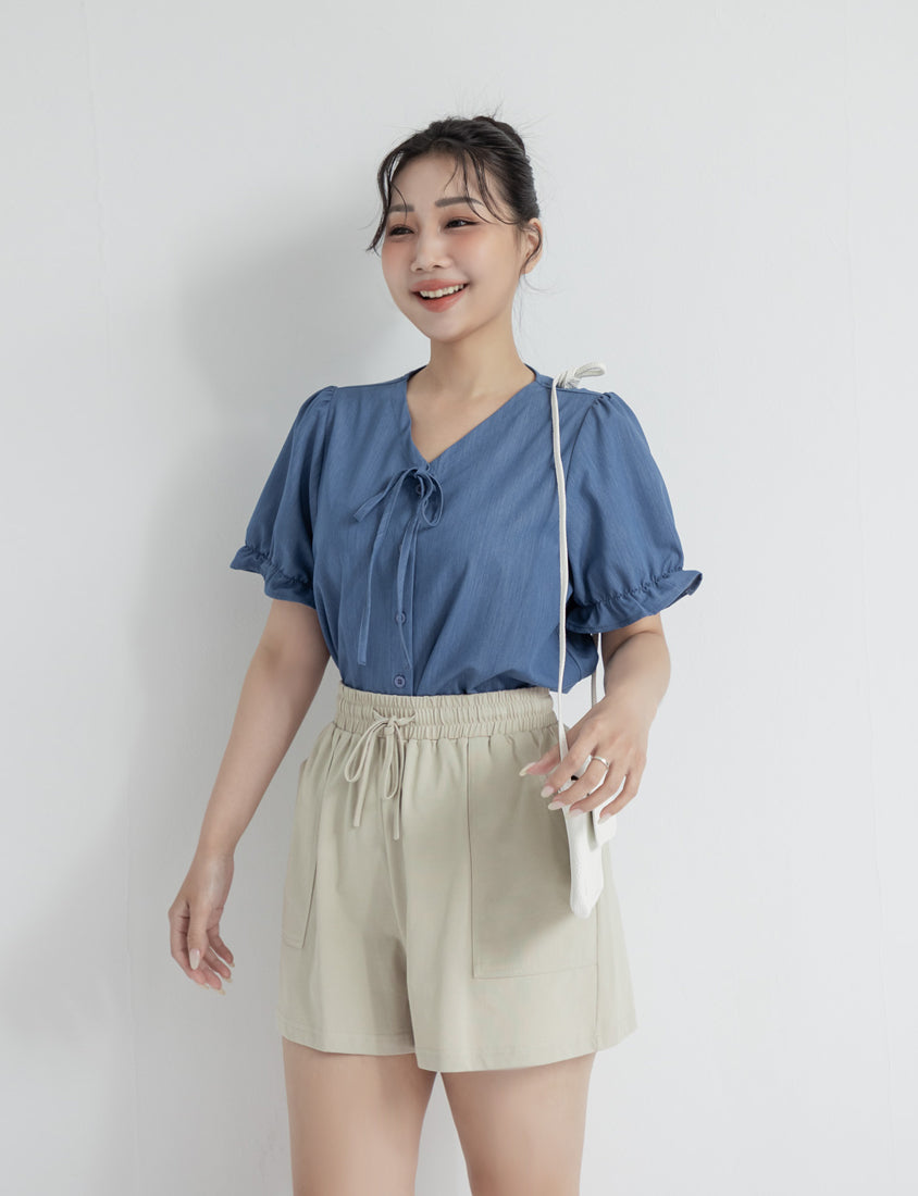 Cooling Tencel Silky Denim-Like Puff Sleeve Plus Size Shirt