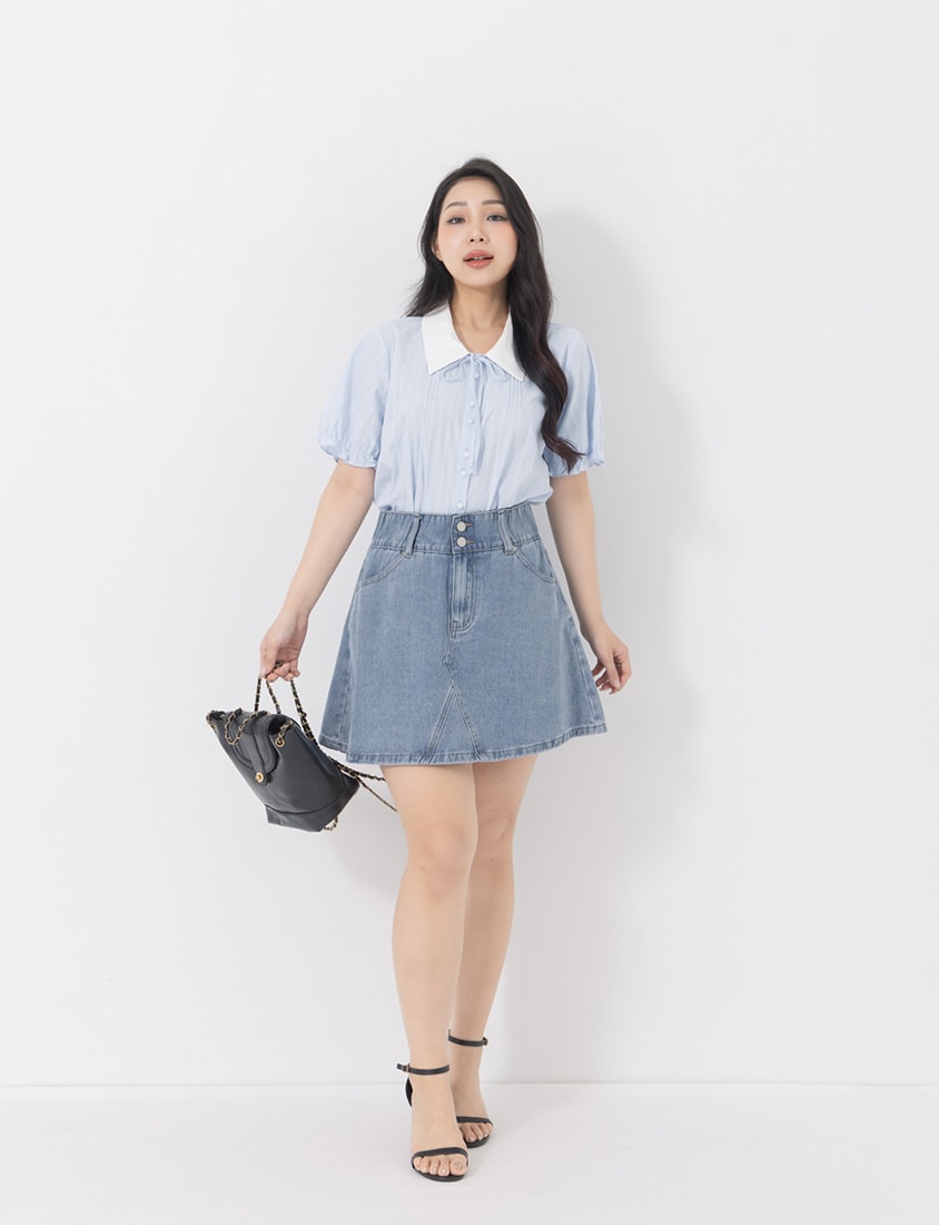 Sweet Pleated Collar Tie-Front Puff Sleeve Plus Size Shirt