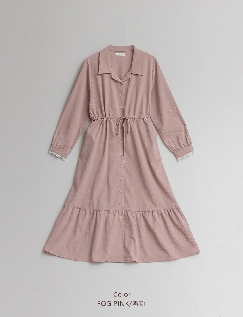 Cuban Collar Drawstring Waist Tiered Plus Size Dress