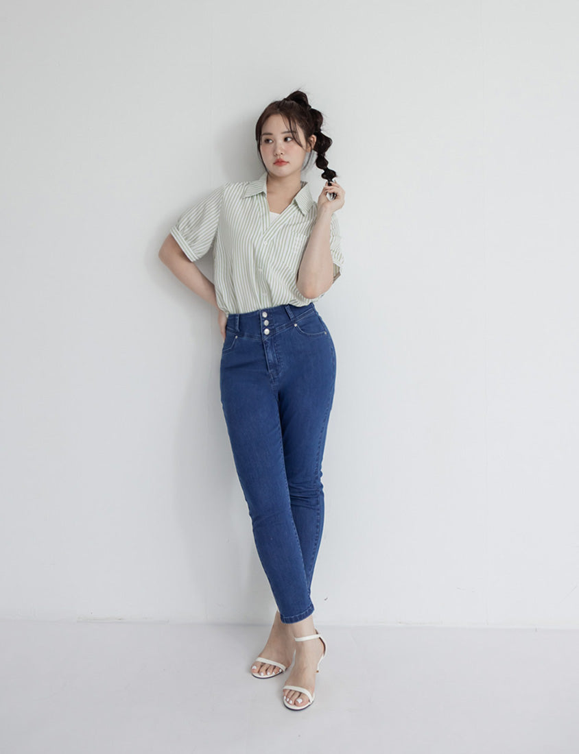 Faux Two Piece Stripe Collar Plus Size Top
