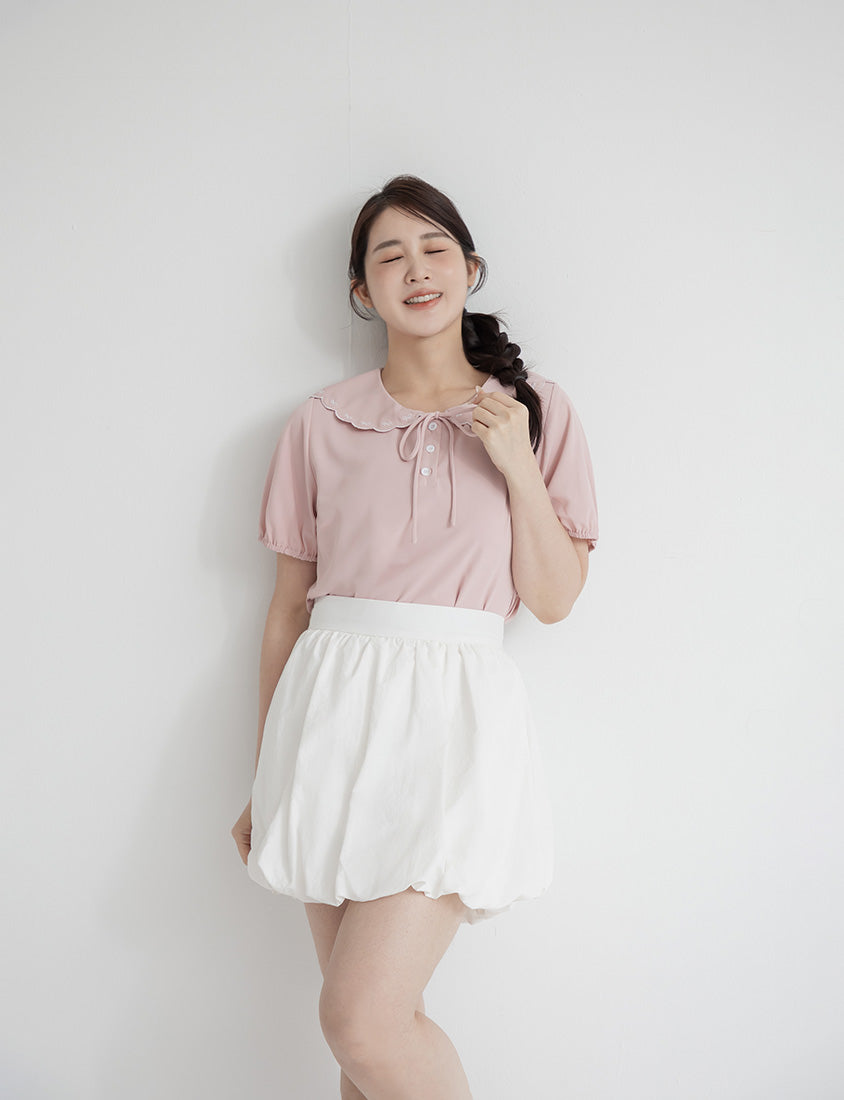 Cute Bow Embroidered Collared Plus Size Top