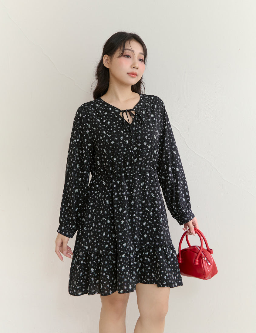 Early Spring Floral Tie-Front Long Sleeve Plus Size Mini Dress