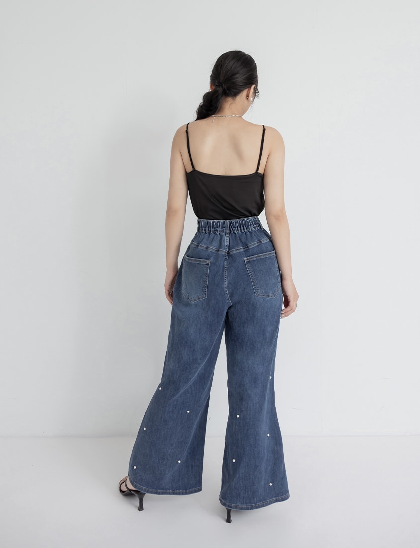 Pearl Embellished Stretch Denim Plus Size Wide Leg Pants