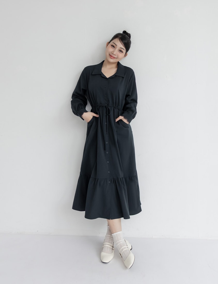 Cuban Collar Drawstring Waist Tiered Plus Size Dress