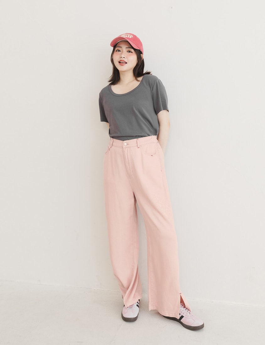 Lyocell Cooling Contrast Stitch Slit Plus Size Wide-Leg Pants