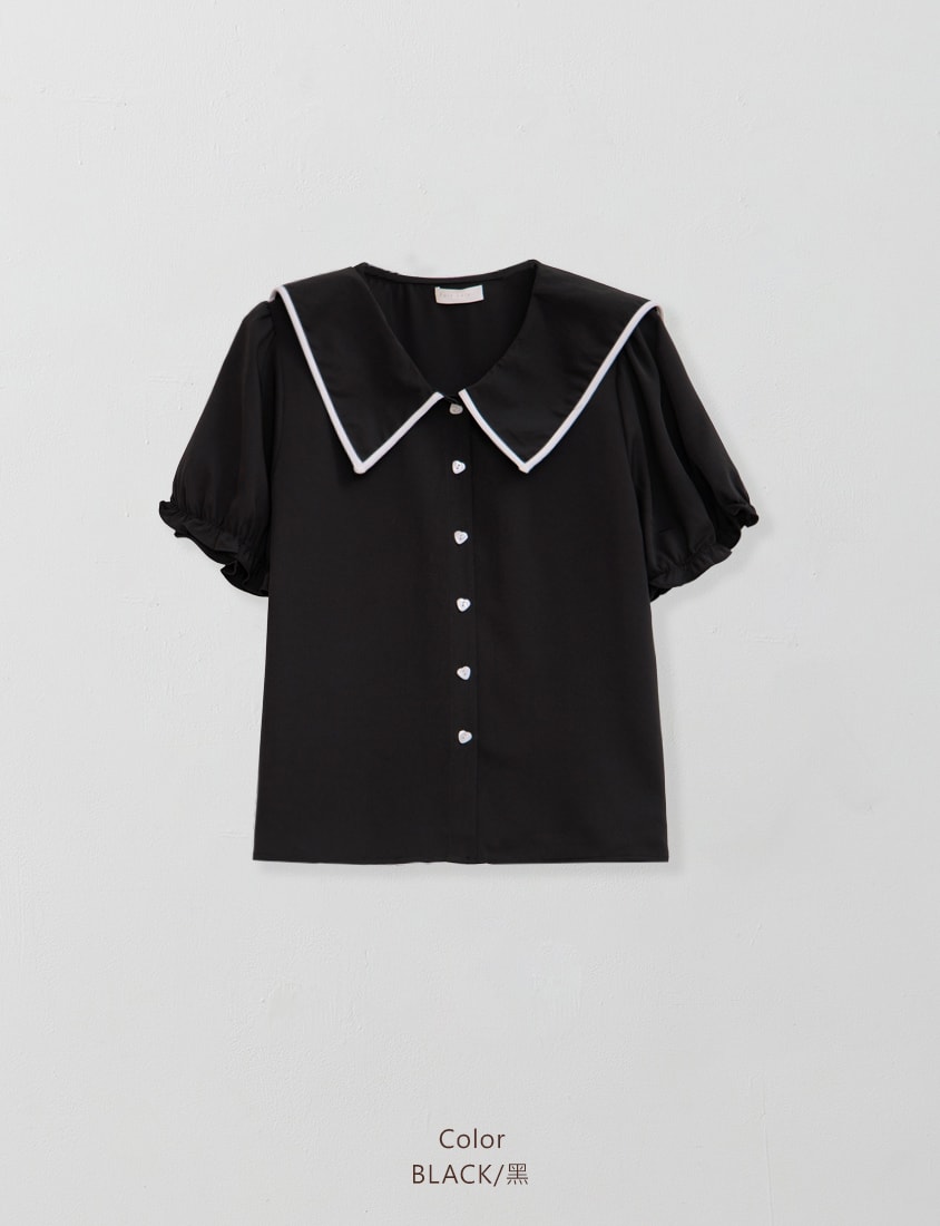 MISS. Contrast Doll Collar Heart Button Plus Size Shirt