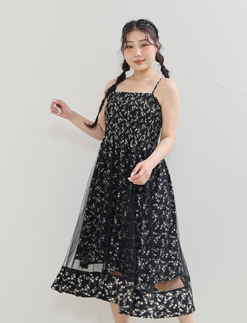 Layered Mesh Floral Adjustable Plus Size Strap Maxi Dress