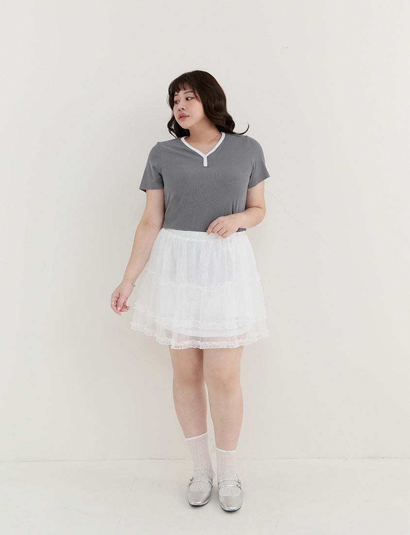 Simple V-Neck Contrast Ribbed Plus Size Tee