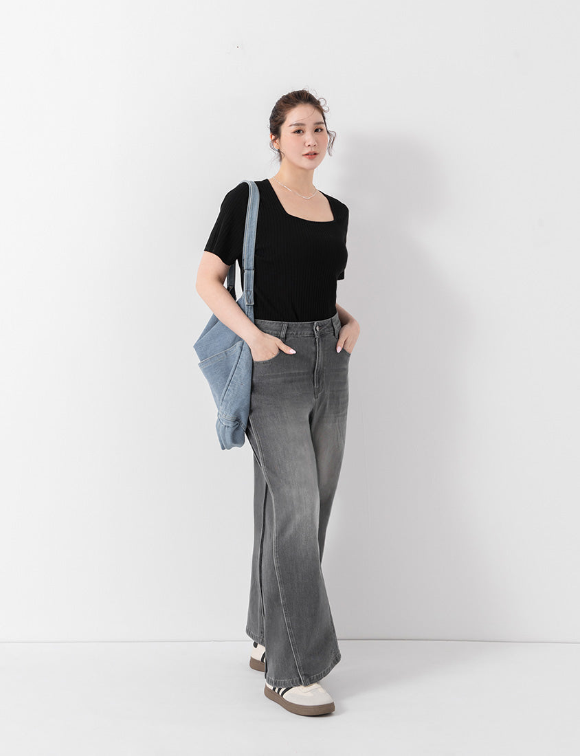 Classic Multicolor Square Neck Ribbed Knit Plus Size Top