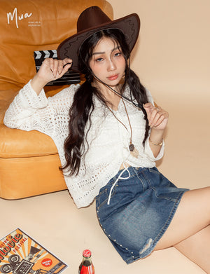 MUA! Lace Openwork Drawstring Knit Plus Size Top