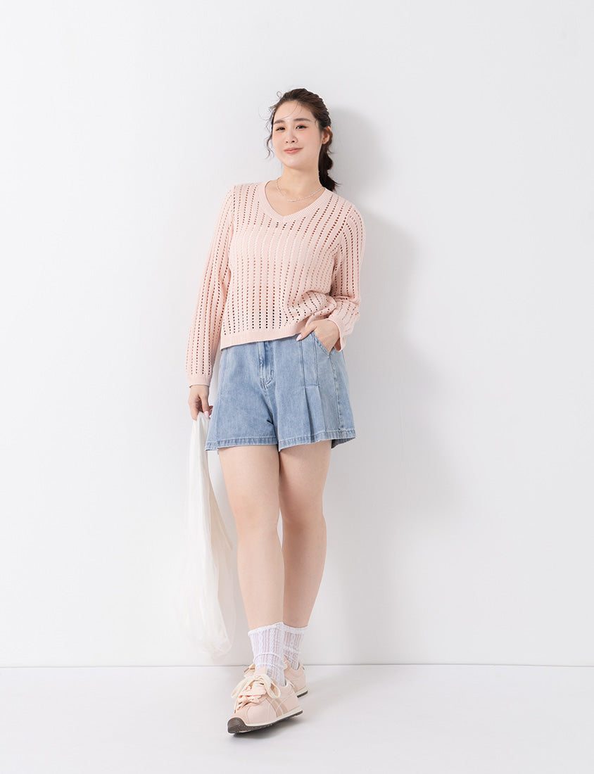 V-Neck Openwork Ribbed Knit Long Sleeve Plus Size Top