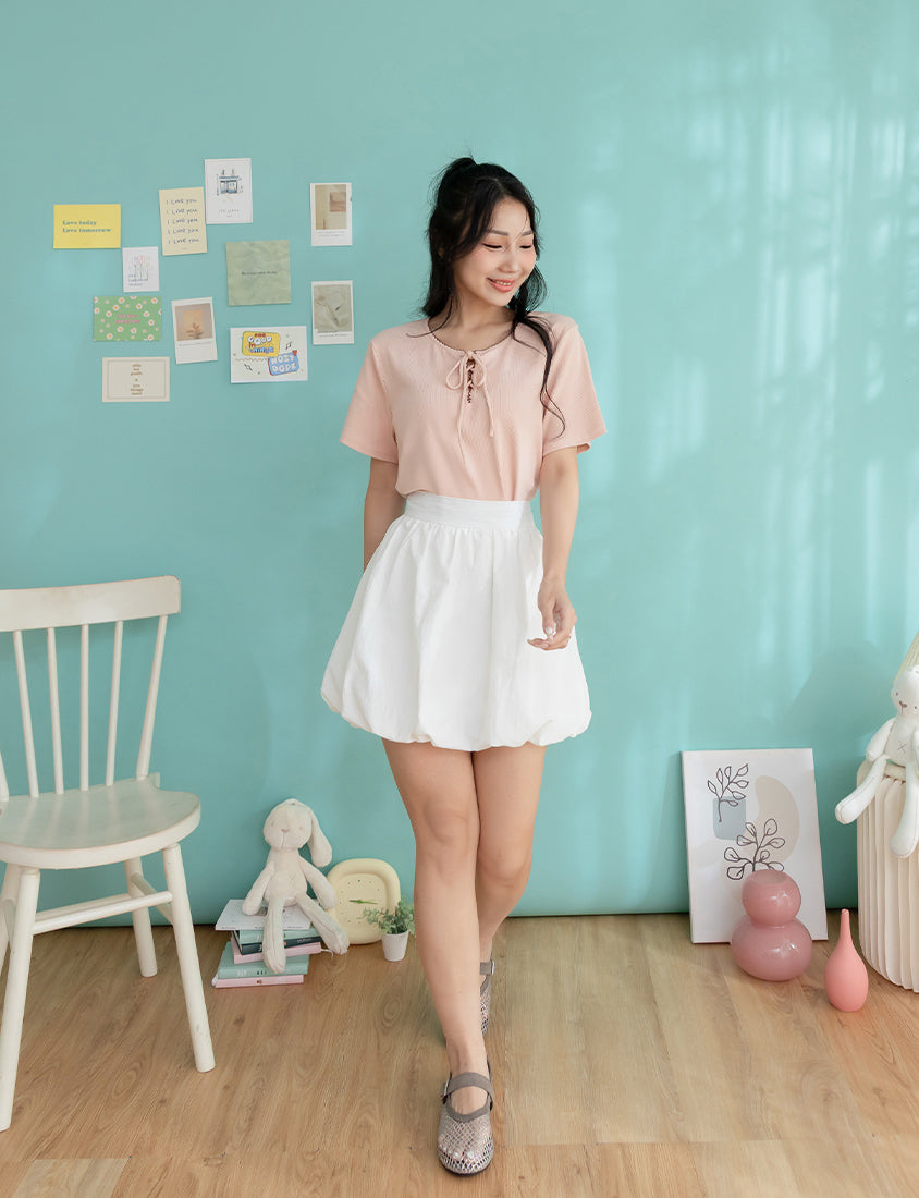 Ruffle Trim Ribbed Tie Front Short Sleeve Plus Size Top