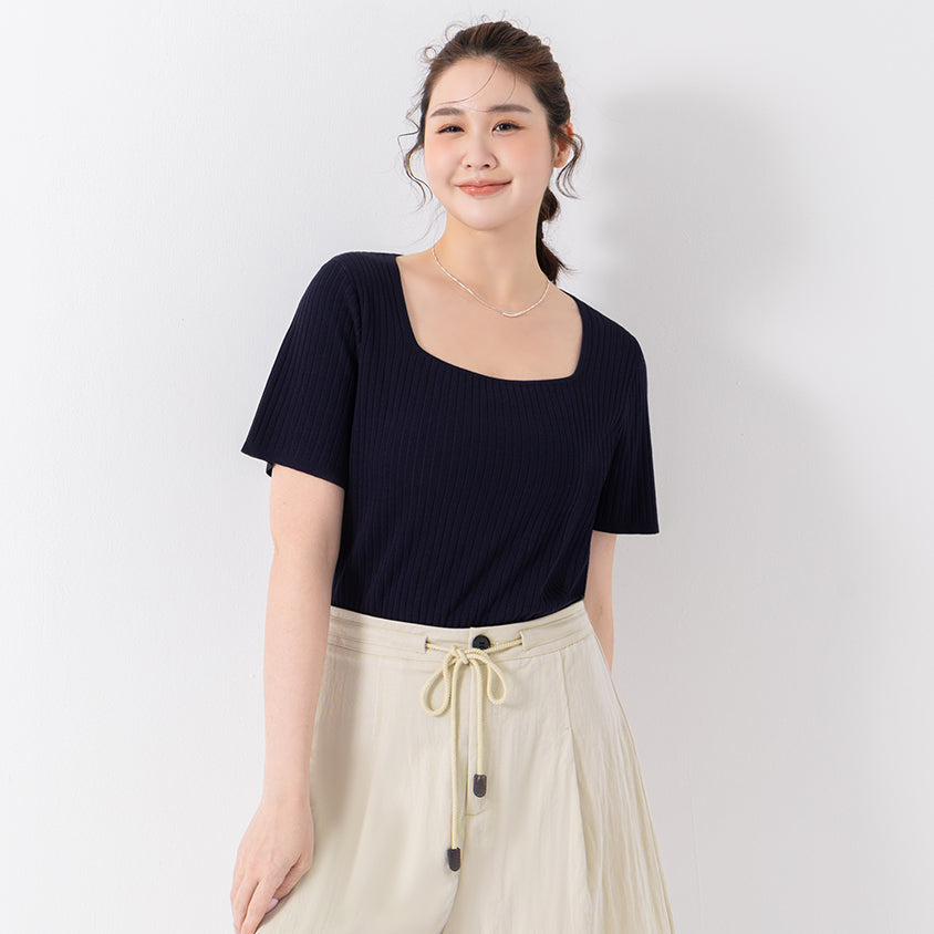 Classic Multicolor Square Neck Ribbed Knit Plus Size Top
