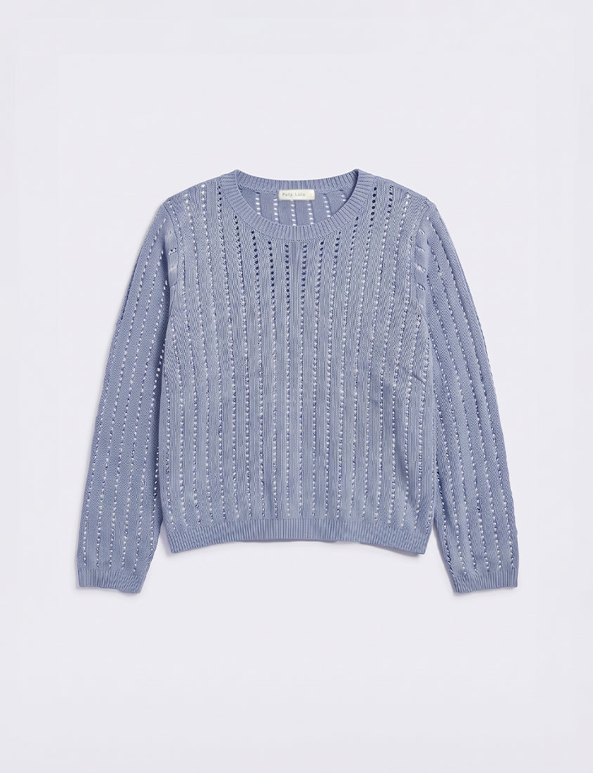 Crew Neck Openwork Ribbed Knit Long Sleeve Plus Size Top