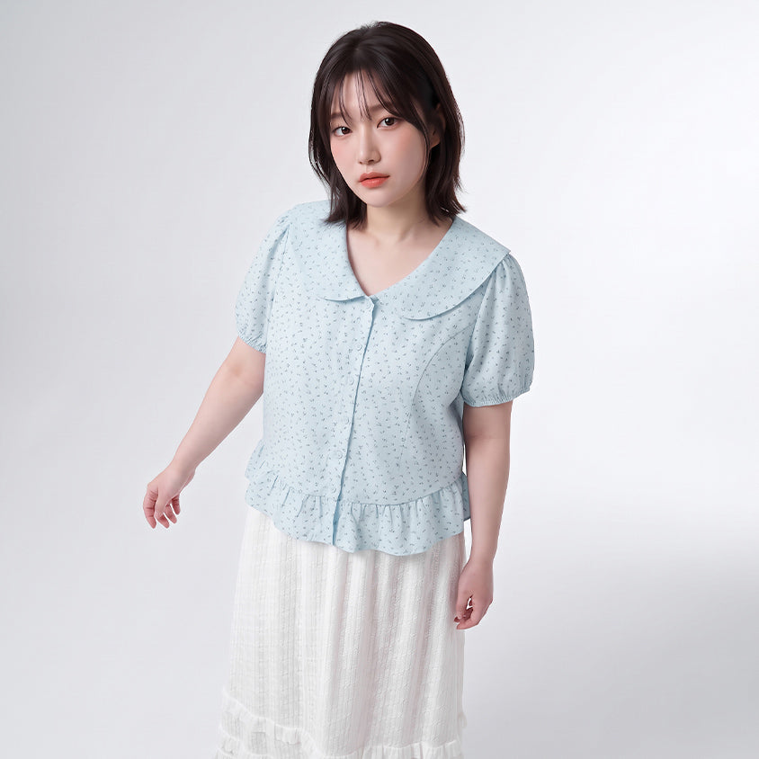 Fresh Floral Collared Cinched Waist Plus Size Blouse