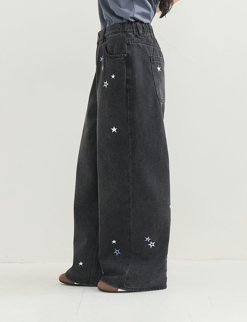 Star Embroidered Denim Plus Size Wide Leg Jeans